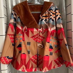 Womens Aztec Hoodie Jacket / Peacoat w pockets, buttons, warm inter-lining.